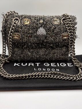 Kurt Geiger Gunmetal Tweed Mini Chain Shoulder Bag with Crystal Accents